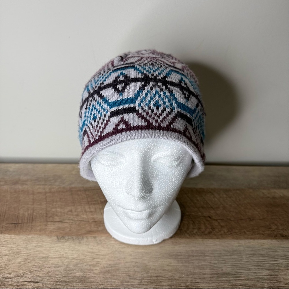 COLUMBIA Unisex Vintage Fair Isle Wool Blend Knit Beanie Toque Grey Blue Maroon - Picture 4 of 12